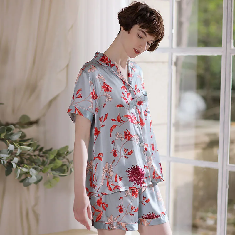 Women's 100% Mulberry Silk Pajamas Set Floral Print 2 Piece Sleepwear Pijamas Summer Spring Loungewear Casual Pajama Homewear PJ
