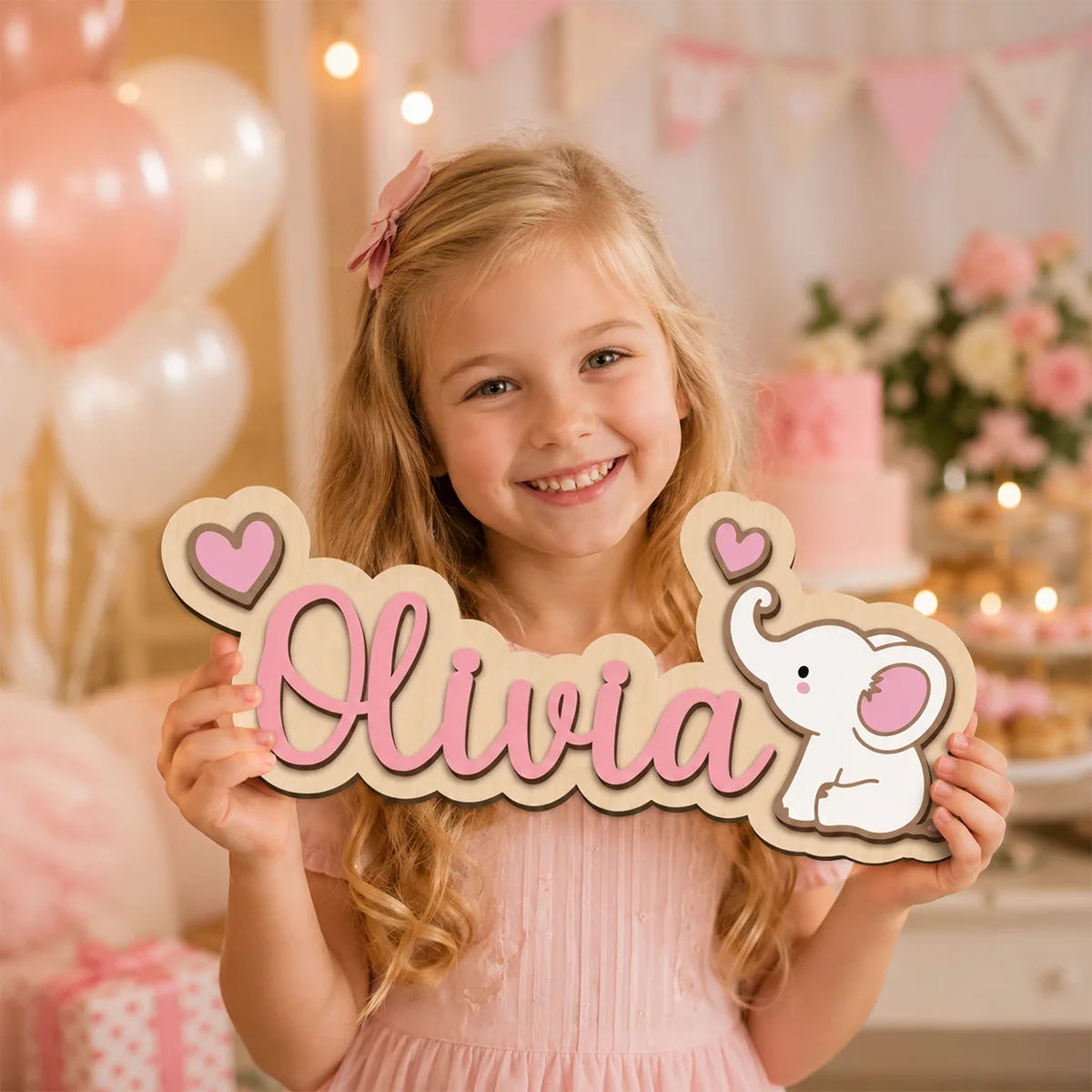 1pc personalized double-layer wooden surname brand, customizable name, warm elephant pattern, decoration, holiday gift