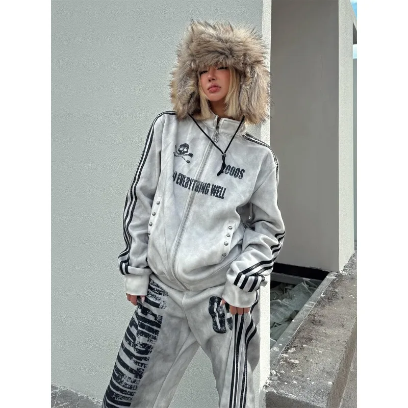 Women Subculture Washed Distressed Striped Jacket New Fall/Winter Gothic Skull Cardigan Sports Top Couple Streetwear Trend Brand