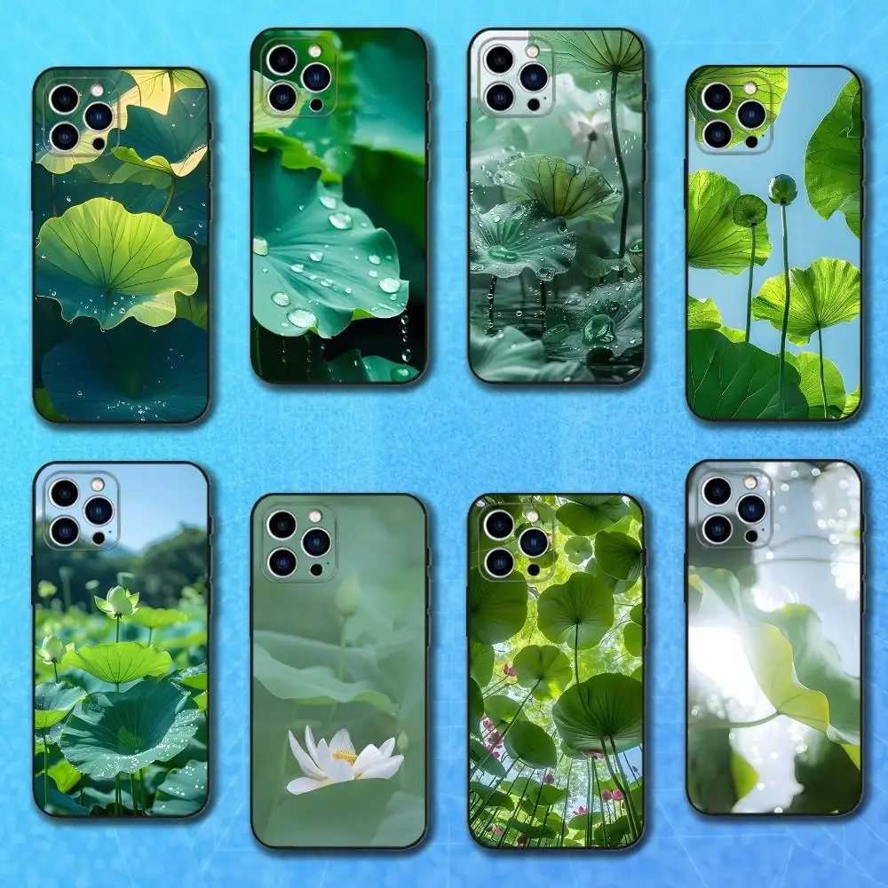 

Nature Art Lotus leaf Phone Case For iPhone 17,16,15,14,13,12,11 Plus,Pro Max,XS,X,XR,SE,Mini,8,7,Soft Silicone Black Cover