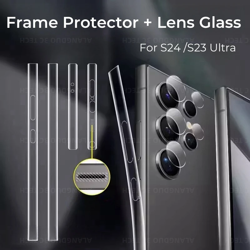 Frame Protector+Camera Lens Glass for Samsung Galaxy S24 Ultra S24+ S23 Plus s22 ultra Side Border Sticker Dust Net Film