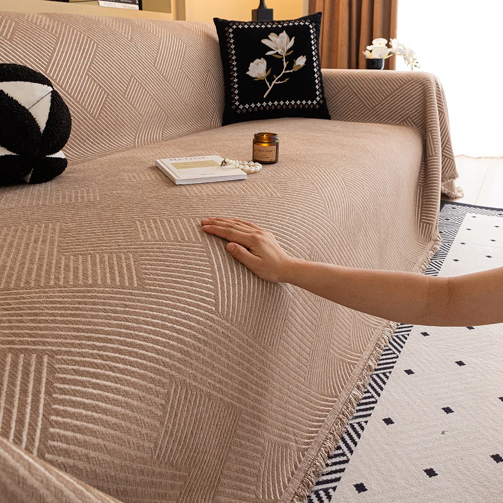 Simple Modern Simple Solid Color Sofa Cover Universal Chenille Sofa Throw Blanket Stripe Pattern Pet Towel Home Decor One-Piece