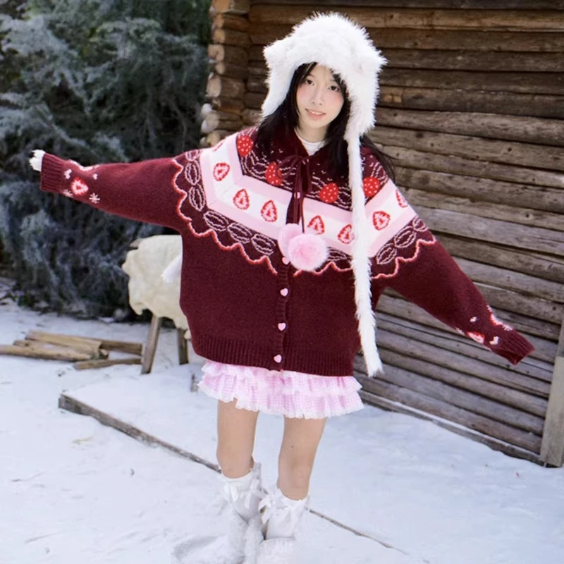 2025 Autumn Winter New Cute Versatile Women' Sweaters Coat French Design Sweet Age-Reducing Fruit Cake Knitted Cardigan Ladies