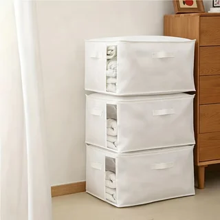 3 Pcs White Foldable Clothes Storage Bins with Clear Window, Fabric Closet Organizer Boxes with Handles