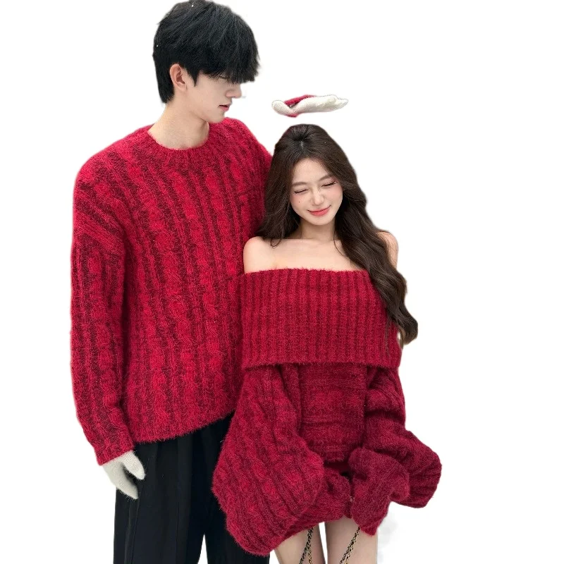 

Lovers High-end Lapel Sweater Thickened Design Twist One-line Loose Foreign Style New Long-sleeved Autumn Winter Lazy Knitwear
