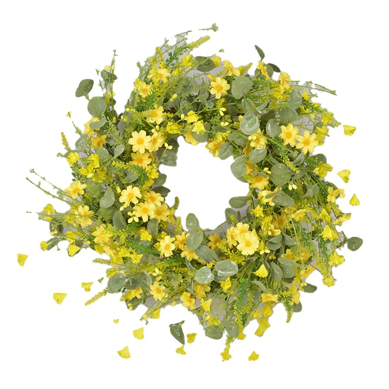 22 Inch Artificial Daisy Flower Spring Wreath with Eucalyptus Green Leaves Wreath Farmhouse Wreath for Front Door