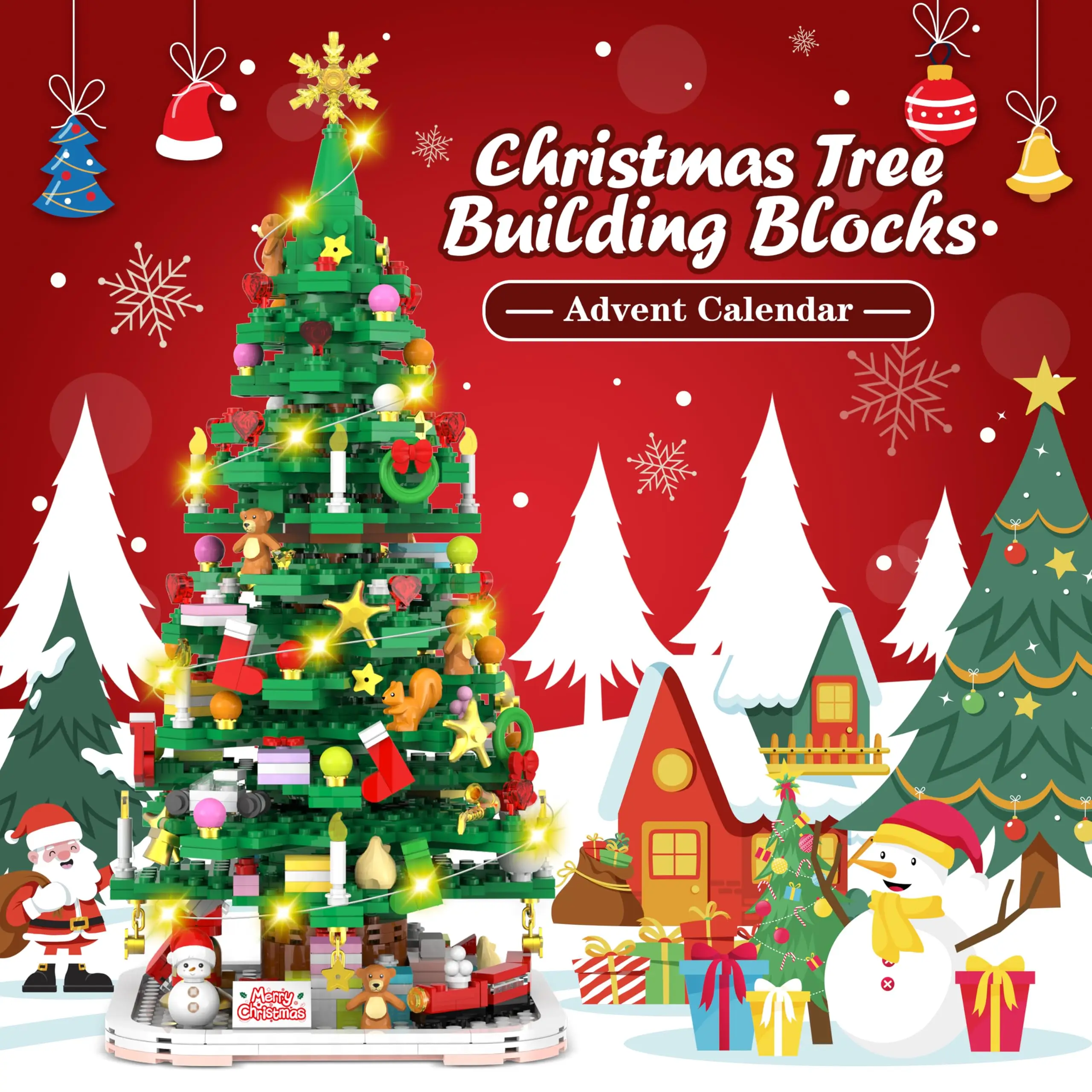 Advent Calendar 2024 Christmas Tree Building Toy Set with LED light Christmas Countdown Calendar Kids Adult Creative Gifts