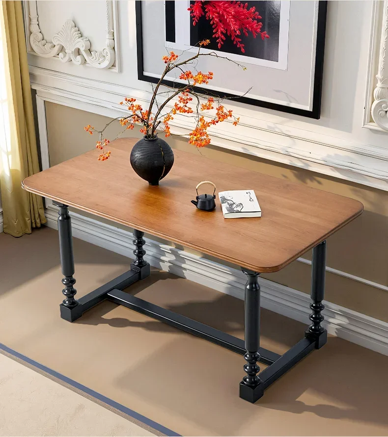 AAMedieval French All-solid Wood Dining Table And Chair Combination Small Apartment Household Dining Table Rectangular Retro Log