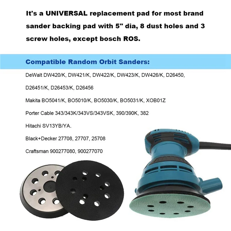 ABRW-2 Pezzi Tampone per levigatrice con gancio e anello da 5 pollici a 8 fori, Tampone per levigatrice di ricambio per DW421/K, DW423/K DW426