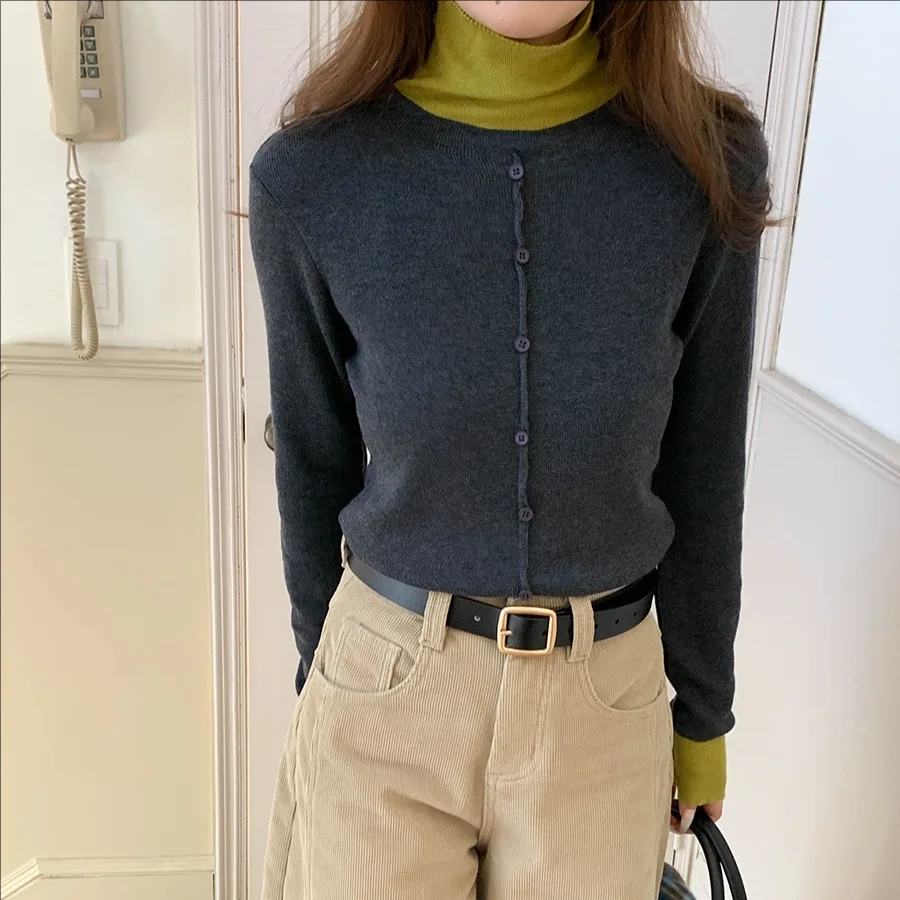 

Women's Winter Casual High Neck Slim Fit Knit Sweater Contrasting Colors Knitted Top for Cold Weather