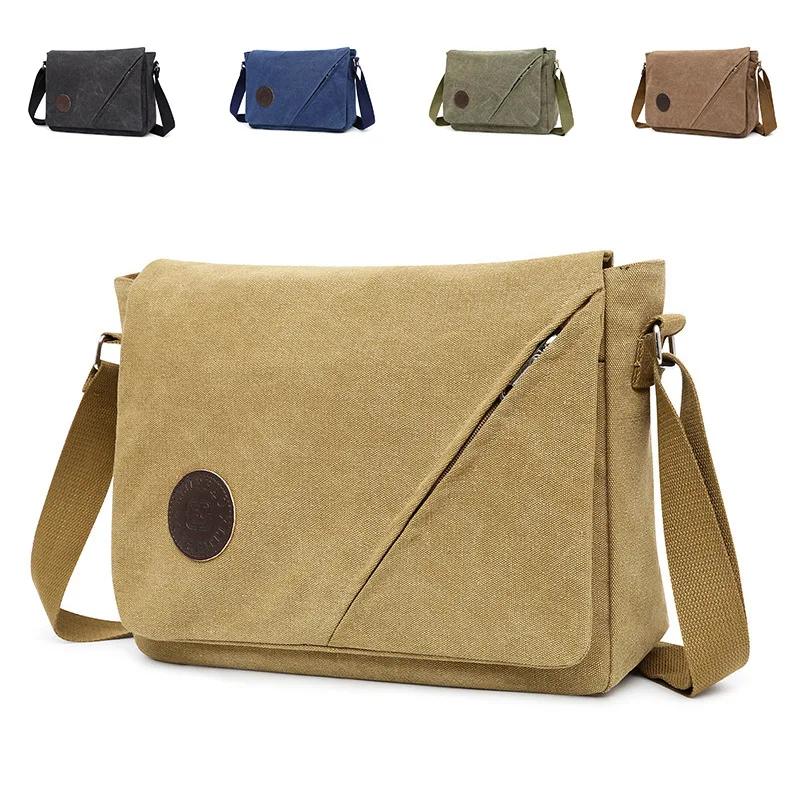 

Wear-resistant canvas men's single-shoulder bag, retro and simple, student-style flip-top waterproof crossbody bag