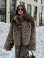 Brown Faux Fur Thicken Coat Women Lapel Long Sleeve Warm Winter Jacket 2025 Lady Chic Snap Button High Street Elegant Outerwear