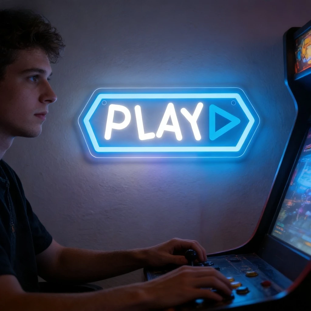 

Неоновая вывеска Play: сине-белый светодиодный декор для игровой комнаты, домашнего бара, аркады. Современный символ, придающий веселья и энергии развлекательным пространствам.