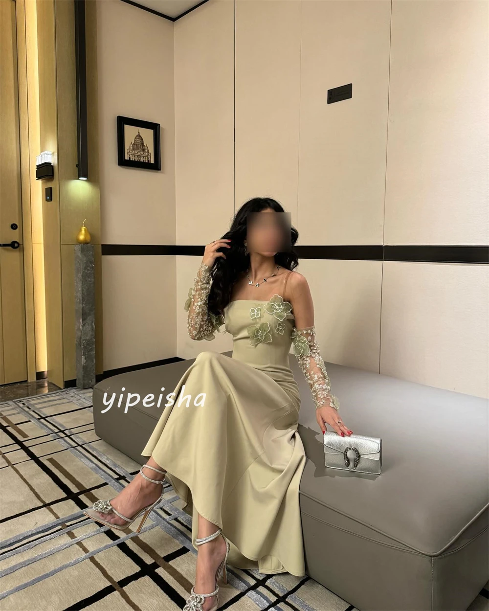 Jersey Sequined Flower Beading Ruched Evening A-line Off-the-shoulder Bespoke Occasion Gown Midi Dresses