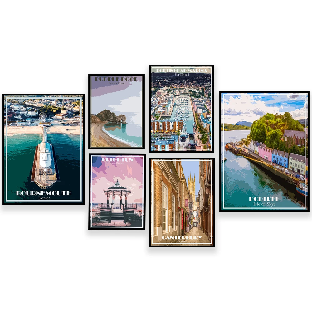 Póster de viaje de Wiltshire, Bournemouth, Canterbury, Ristol, Brighton Sussex, Lake Bwindermere, Escocia, West Dorset