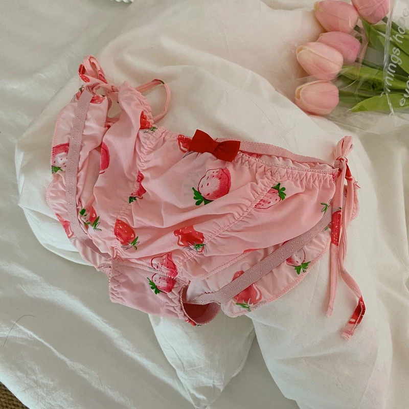 SP&CITY Strawberry Printed Cute Bow Sexy Women\'s Underwear Sweet Girl Milk Silk Breathable Panties Cotton Crotch Ruffle Briefs