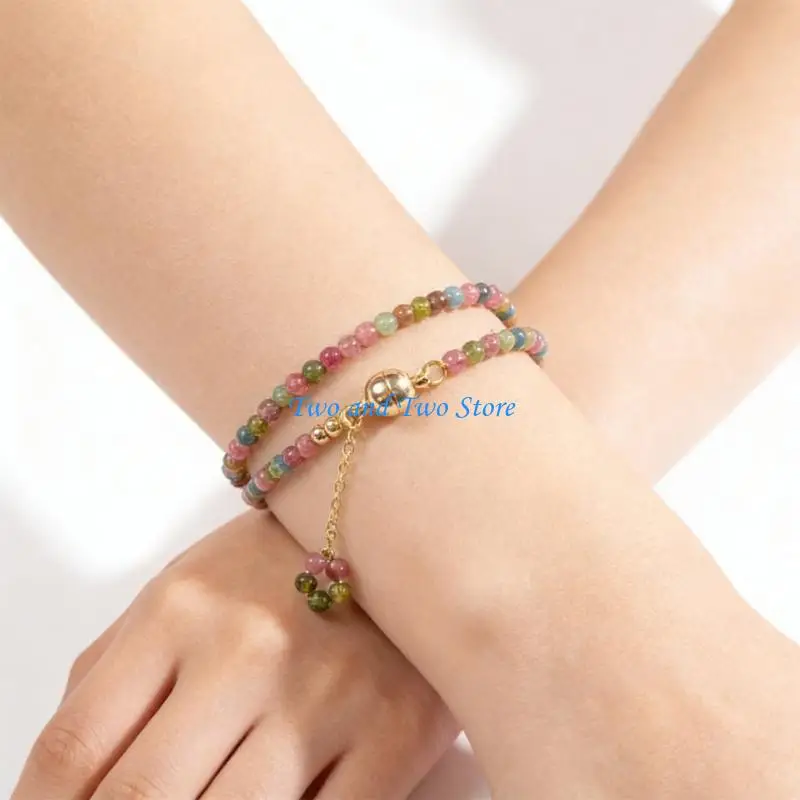 

HX6F Double Strand Bracelet Rainbow Natural Tourmaline Copper Elegant For Stacking