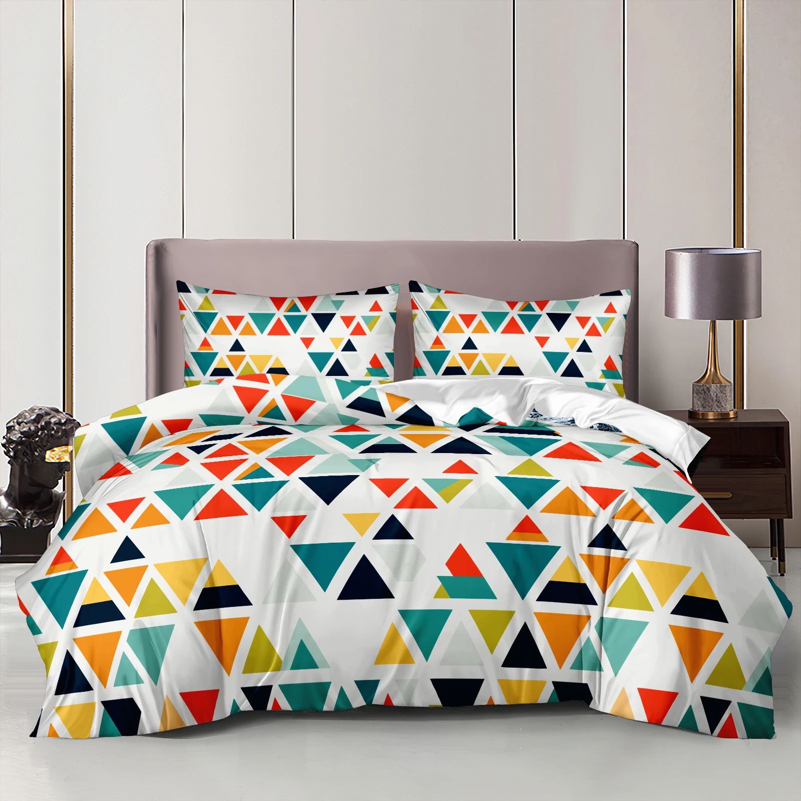 

Rainbow Triangle Bedding Set Modern Geometry Pattern Boho Style Duvet Cover Set with Zipper Closure Easy Care