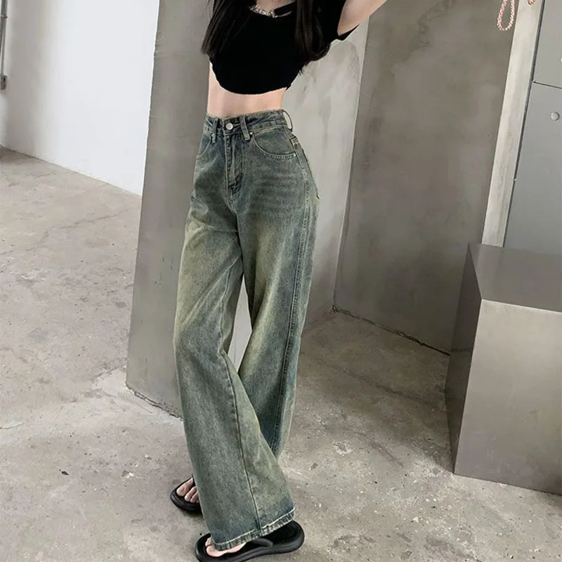 Lucyever Women Vintage Lengthen Straight Jeans Korean High Waist Washed Denim Pants Woman Streetwear Loose Wide Leg Trousers