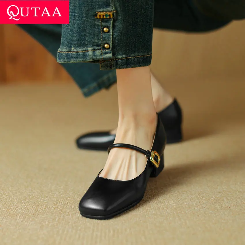 

QUTAA 2024 Mary Jane Shoes For Women Microfiber Low Heels Party Wedding Shoes Woman Square Toe Black Casual Shoes Size 34-43