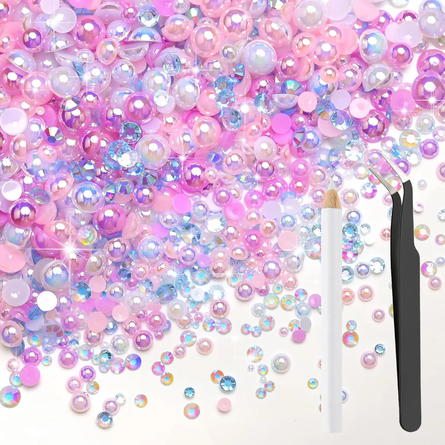 30g Half Round Pearls Rhinestones Pink Purple Mixed Size 3mm-8mm  Mix Flatback Pearlsfor Nail Art DIY with Tweezers Wax Pen