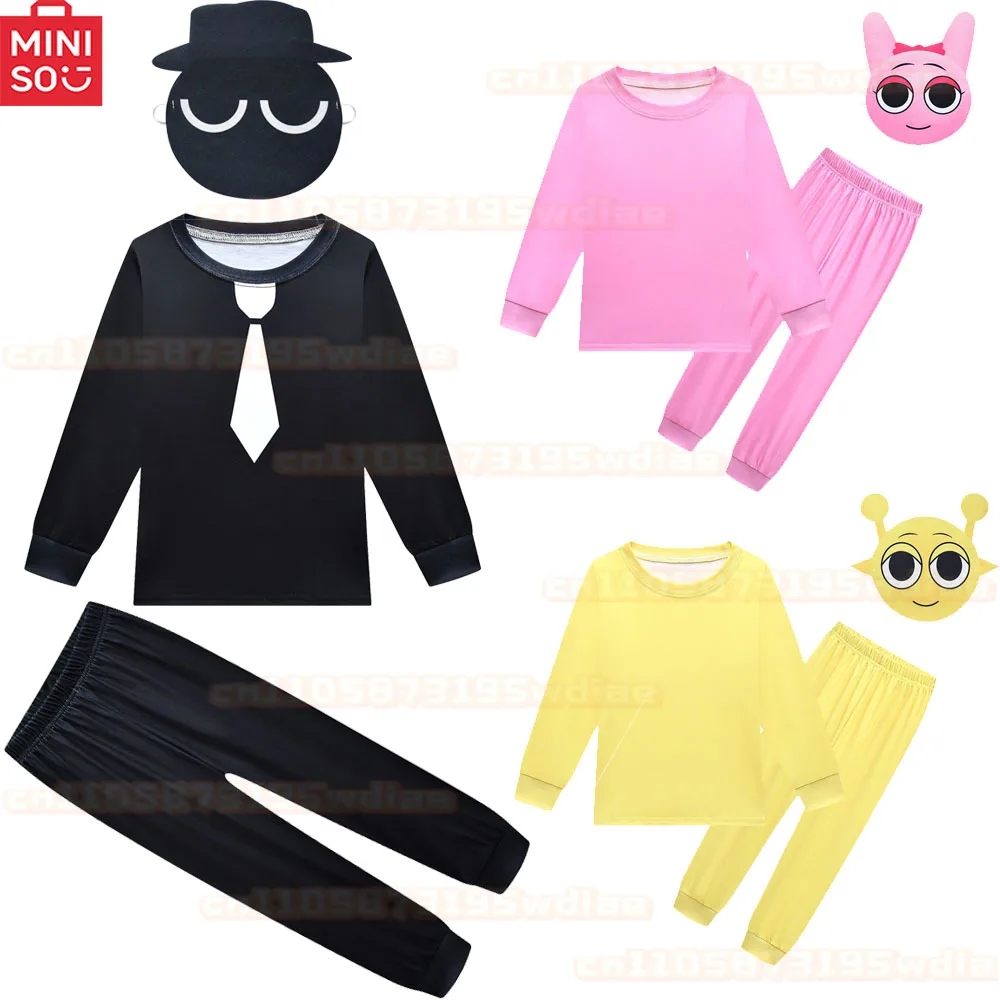 

Черный детский костюм Sprunki для мальчиков, плюшевая футболка с длинными рукавами и брюками для косплея с героями мультфильмов Sprunki, одежда для девочек, забавный наряд на Хэллоуин