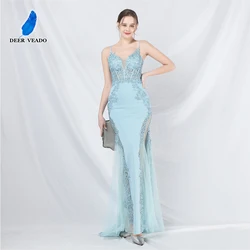 DEERVEADO Memaid V Neck Evening Dress for Woman Elegant Strap Formal Occasion Dresses with Appliques Soft Satin Prom Party Dress