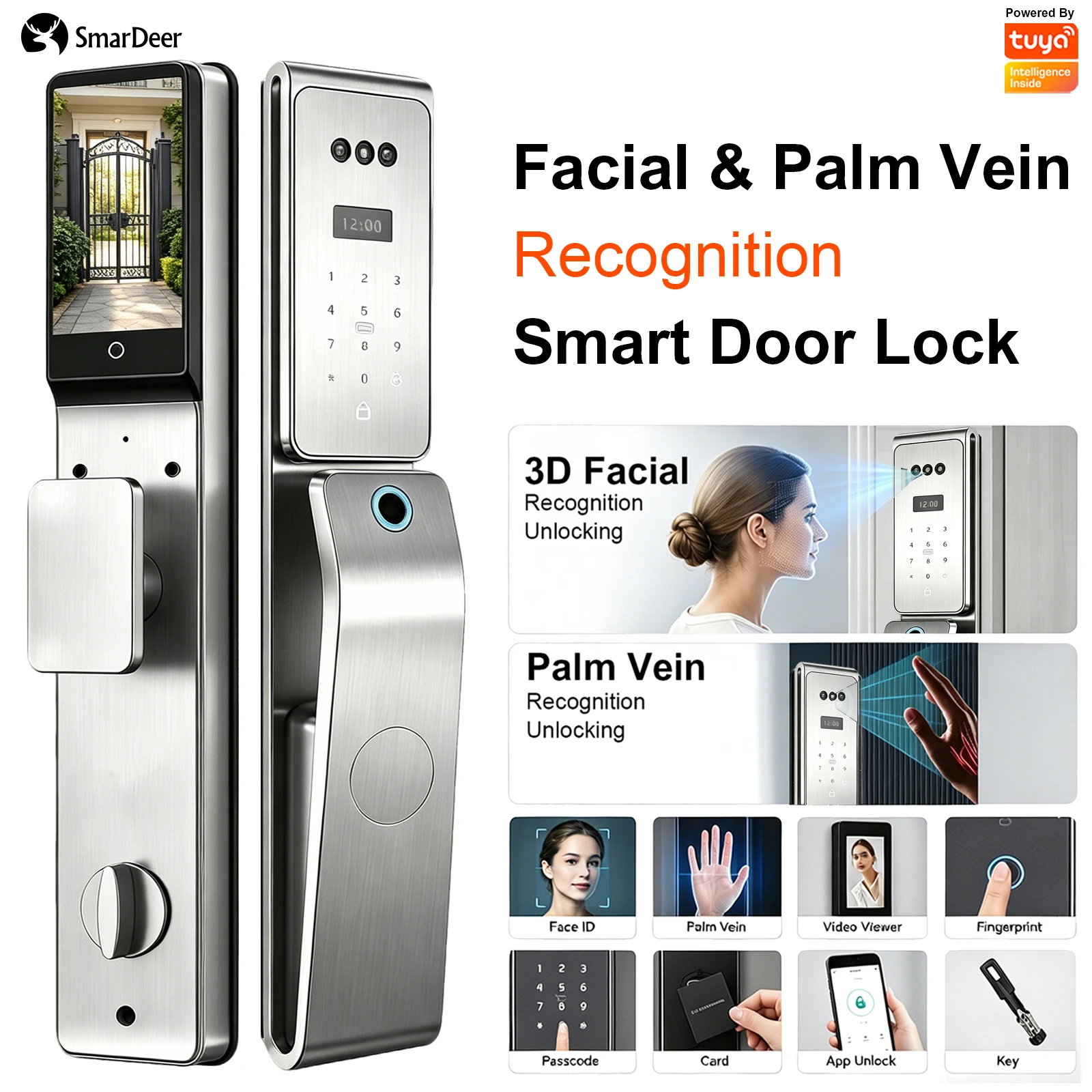SmarDeer IP66 Outdoor Waterproof Smart Lock,3D Facial & Palm Vein Recognition Door Lock,Tuya WiFi Keyless Entry Security Lock - view 5