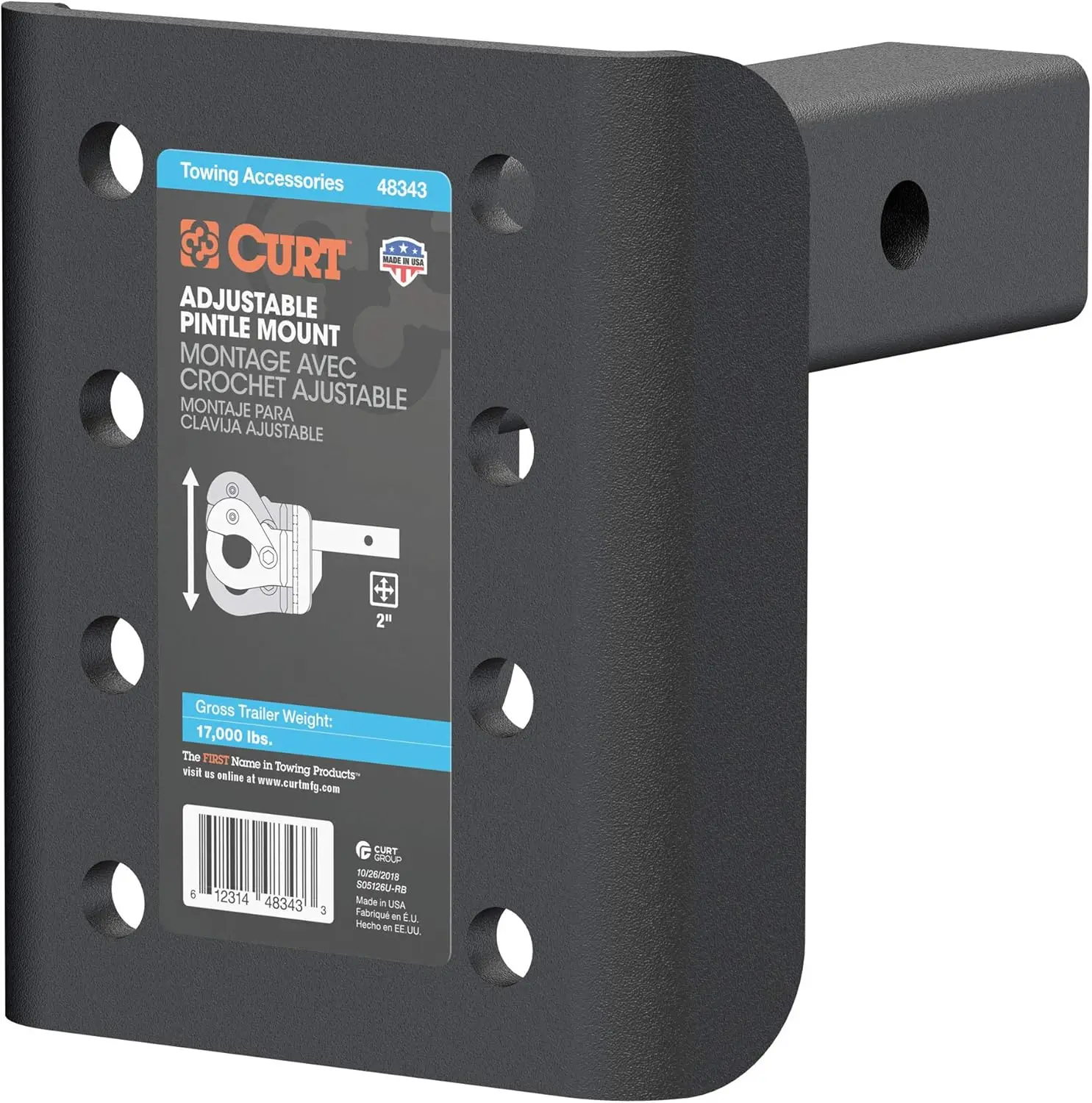 

48343 Adjustable Pintle Mount for 2-Inch Hitch Receiver, 17,000 lbs, 7-1/4-Inch Height, 6-Inch Length