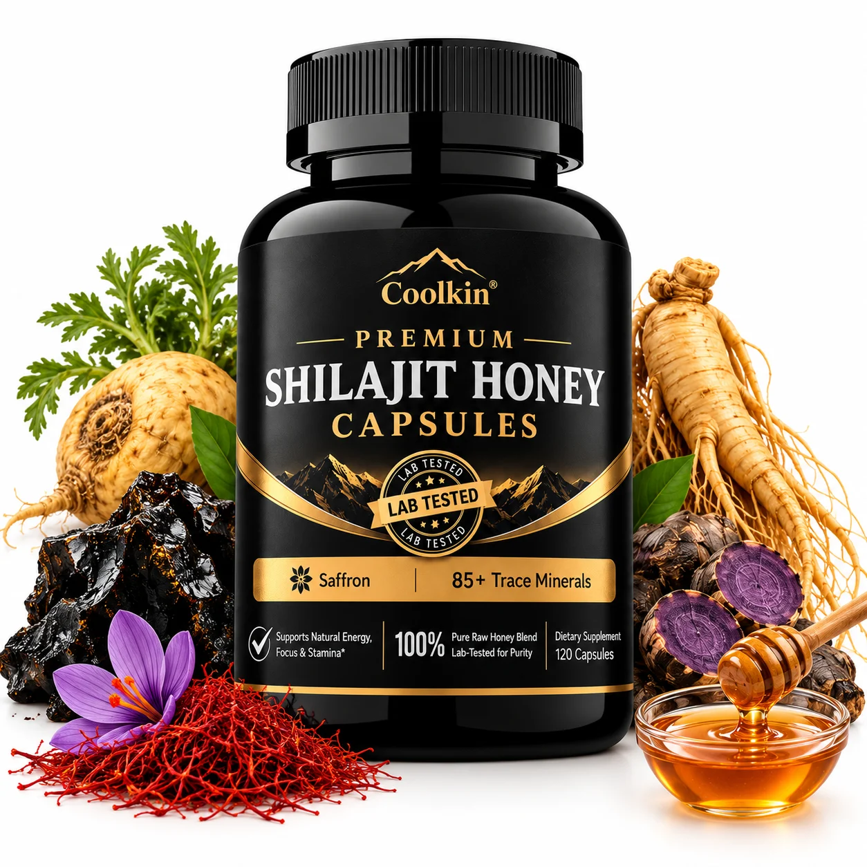 Shilajit Honey Capsules - Relieves Stress, Muscle Recovery, Balances Hormones, Improves Focus, Thinking and Memory, Boost Energy