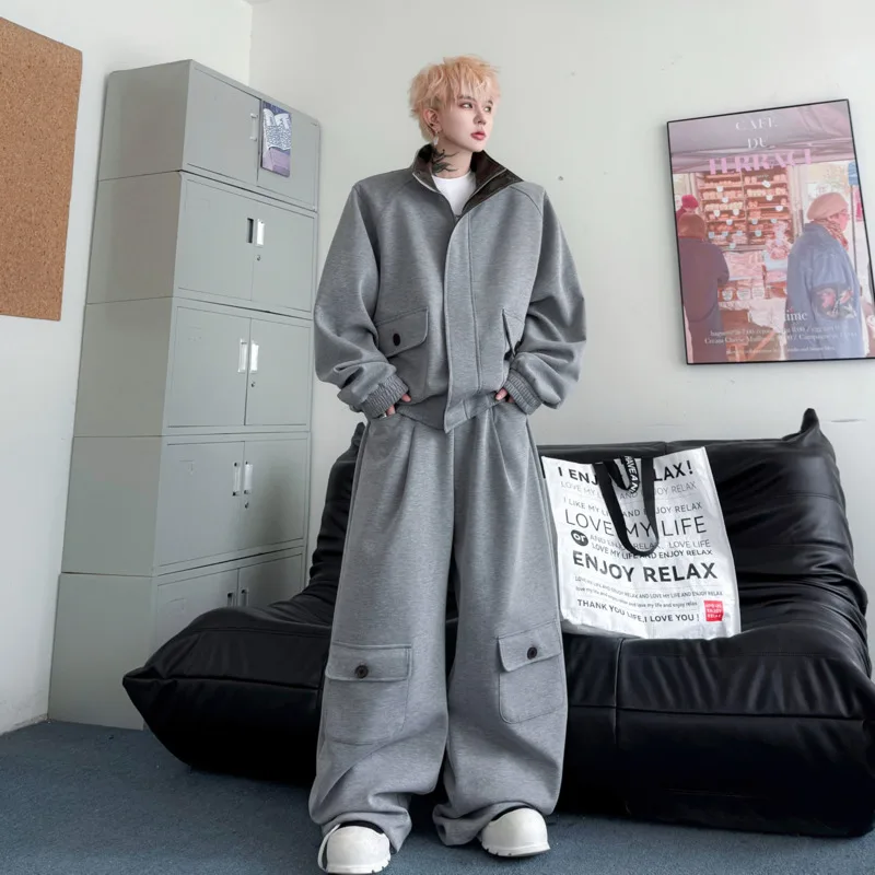 WVGA 2026 Spring New Men Tide Solid Color PU Leather Cardigan Sweatshirt Niche Chic Casual Wide-Leg Pants Two Pieces Sets W18869