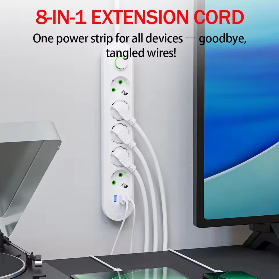 EU Plug Power Strip 2500W 2M Extension Cable Round Pin AC Socket USB Fast Charging Port Portable Electrical Adapter Home Office