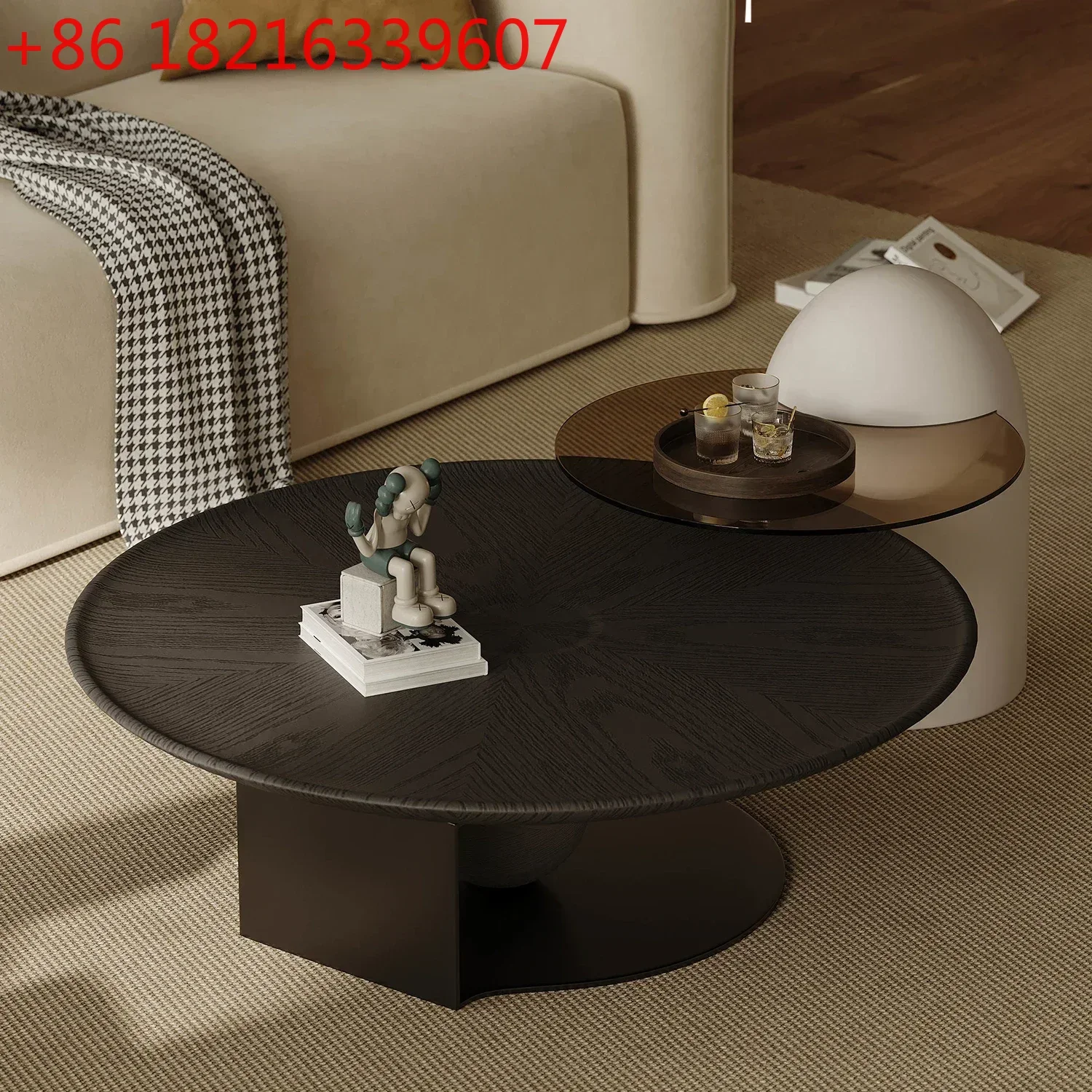 

Small Apartment Minimalist round Smoked Wood Leather Coffee Table Black Designer