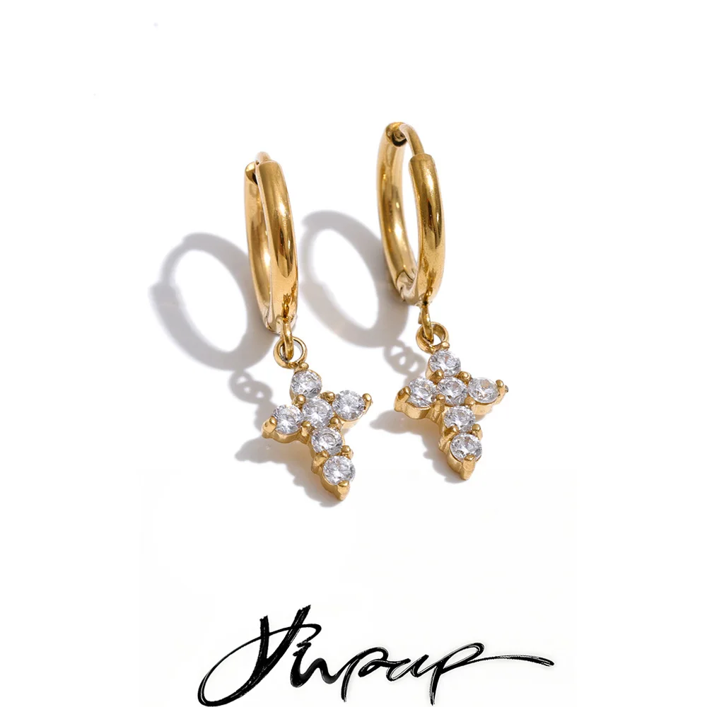 Brincos Clássicos Yhpup de Aço Inoxidável com Zircônia Cúbica Brilhante em Formato de Cruz para Mulheres - Joia de Moda Premium e Elegante