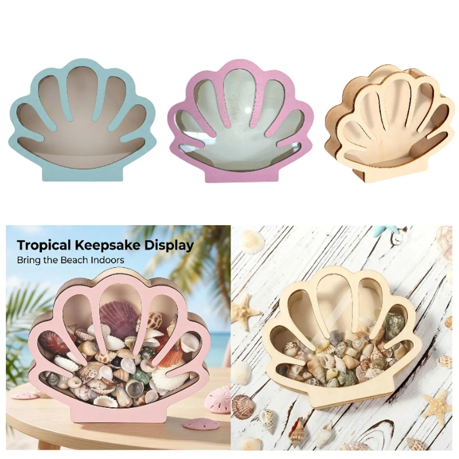 Rustic Wood Seashell Holder Box Keepsake Storage Display Home Organizer for Small Beach Accessories