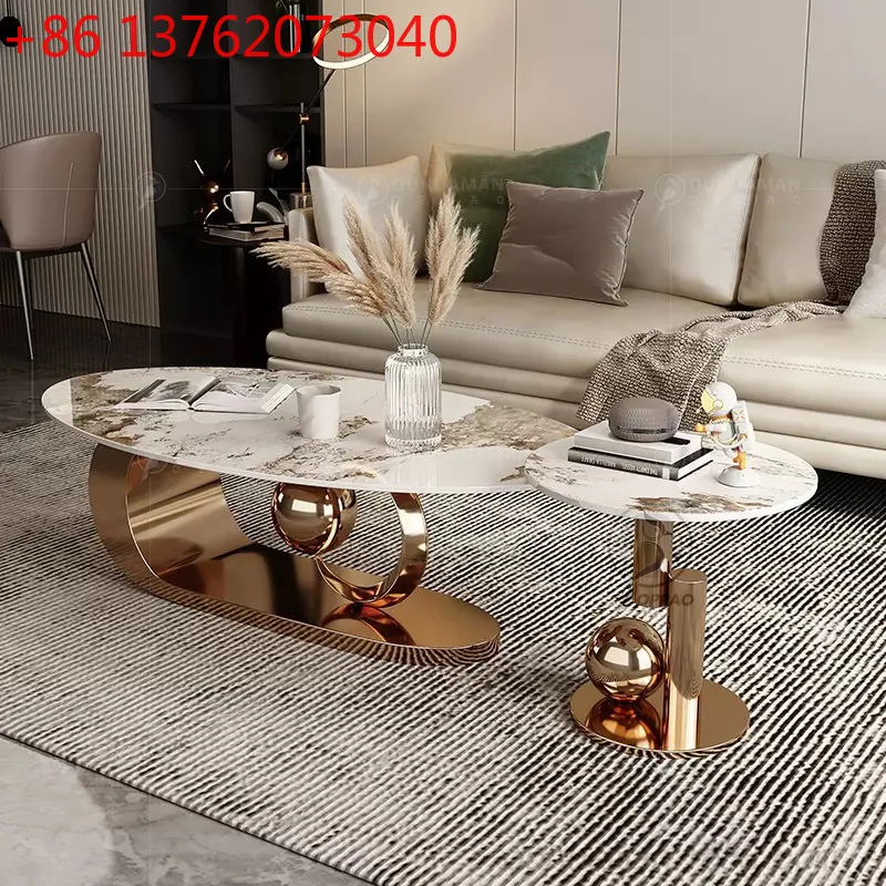 

Light luxury stainless steel coffee table Modern leisure living room Home rock slab tea table Oval