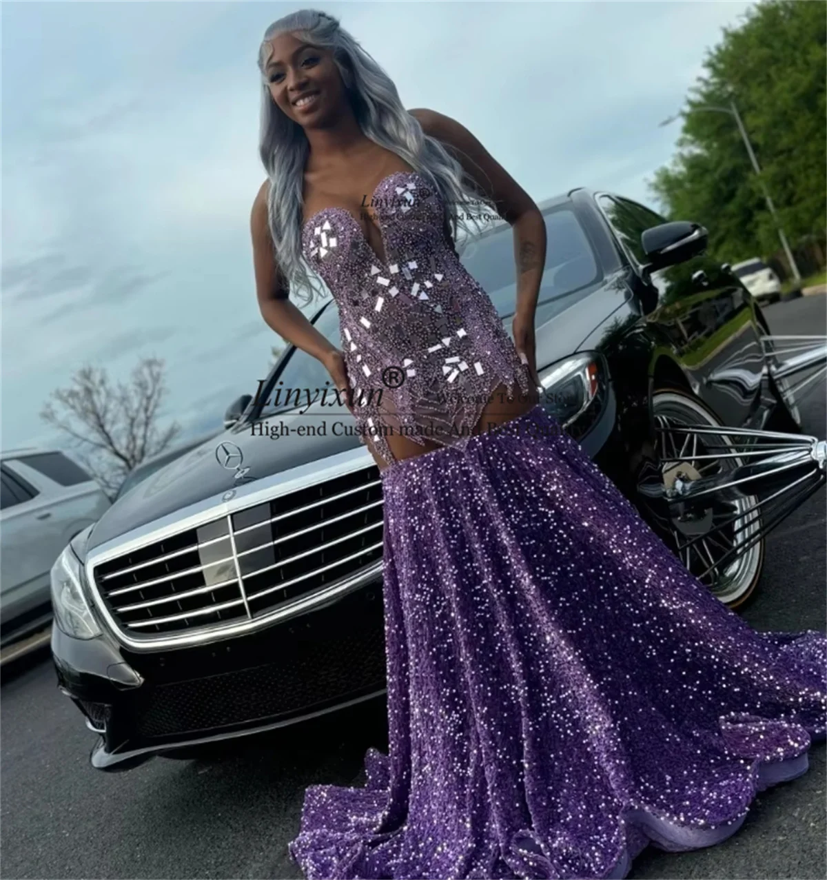 Elegant Purple Black Girls Sequins Prom Dress Crystal Beading African Formal Aso Ebi Evening Gown Customized robes de soirée