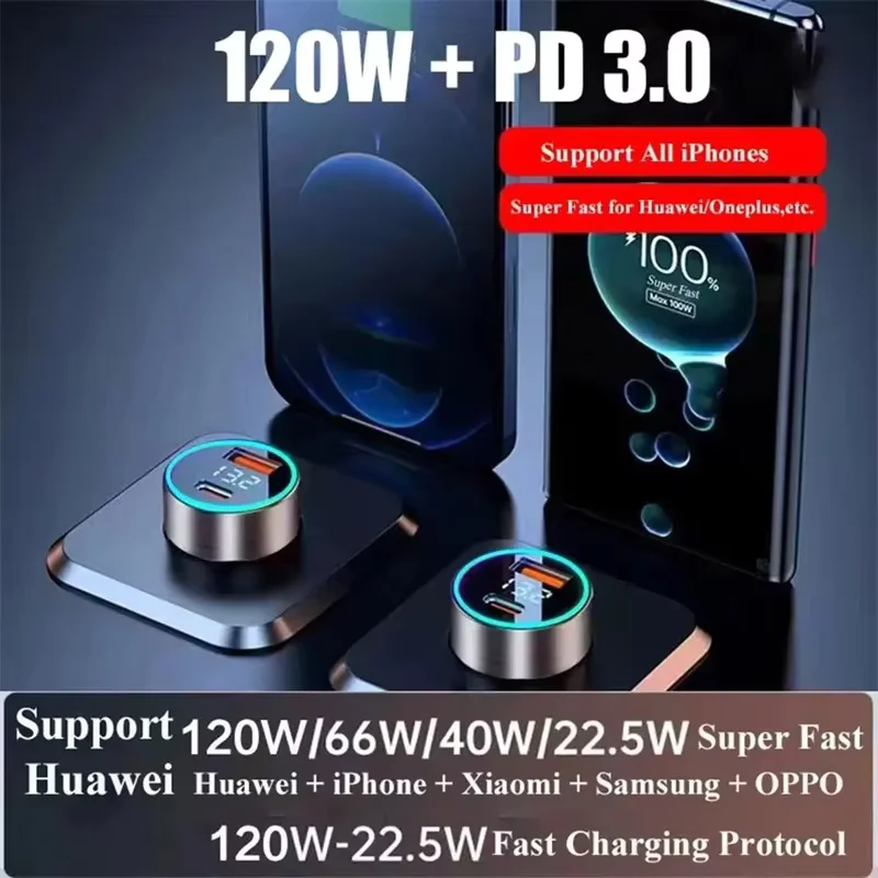 Portable Car Charger Type C USB 120W Super Fast Charge Adapter For IPhone 14 Pro Max For Huawei Car Lighter Splitter