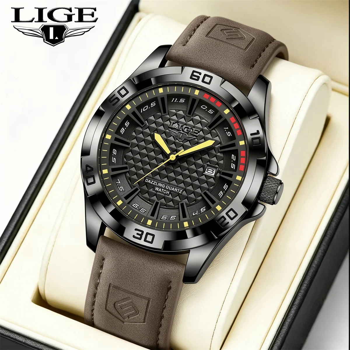 LIGE Fashion Man Wristwatch Top Luxury Waterproof Luminous Date Week Watch For Men Quartz Sport Leather Men's Watches Reloj