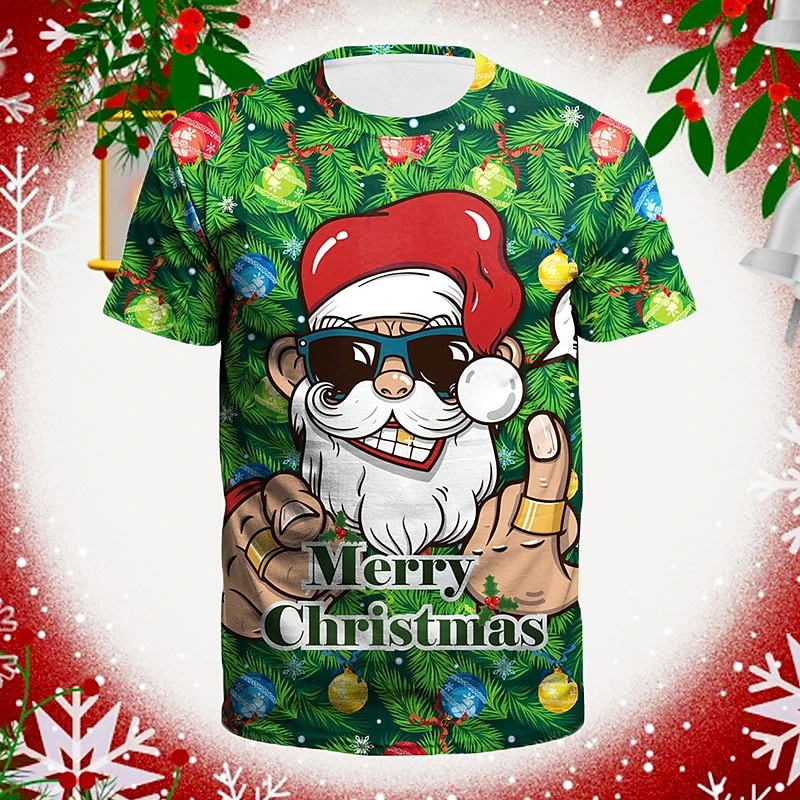 

Fun Christmas pattern T-shirt, fashionable short sleeved men's and women's 3D printed T-shirt, casual oversized Harajuku T-shirt