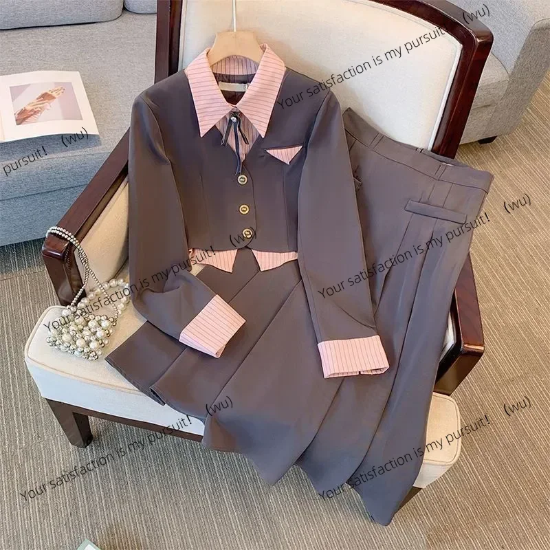 ZOCI-ชุดสูทสไตล์หรูหราสองชิ้นสำหรับผู้หญิง เสื้อโค้ทลายทางแบบต่อผ้า กระโปรงยาวจีบ เสื้อแจ็คเก็ตบาง ชุดกระโปรง