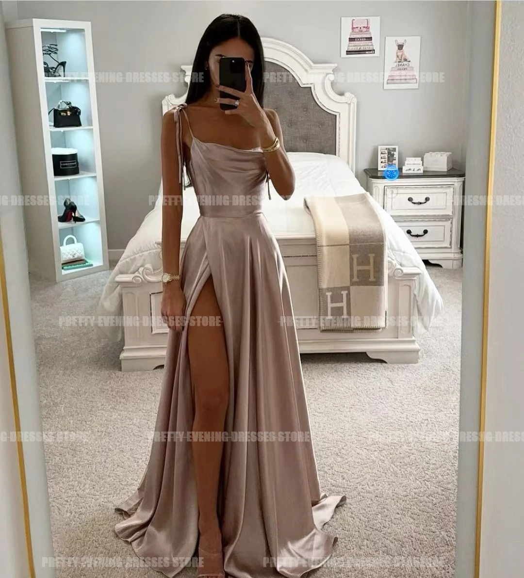 Spaghetti Strap Evening Dresses Smooth Satin A Line Sexy Prom Growns Side Split Pleat Sweep Train Formal Party Vestidos De Gala