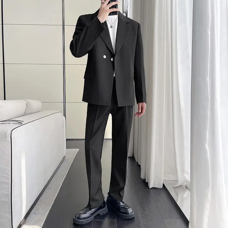 Europe and The United States Solid Color Suit Men's New Micro-wide Two-button Drape Suit Two-piece Khaki Casual Suit Jacket.