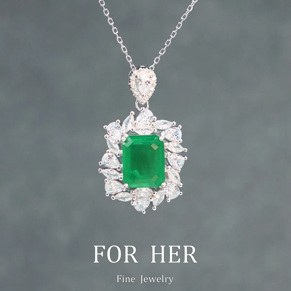 

ForHerDesign 100% 925 Sterling Silver Synthetic Emerald Pendant Necklace For Women Sparkling Wedding Fine Jewelry Wholesale Gift