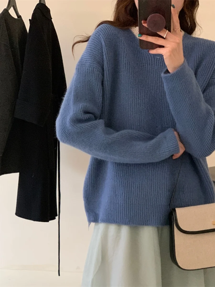 Ele gola de renda solta suéter sutil elegância design de malha longa sve redonda ne cor básica commute sle