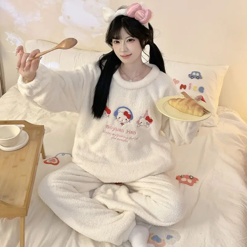 

Half-velvet Pajamas for Girl in Autumn Winter Thickened and Warm Coral Cute Hellokitty Student Suits Home Clothes for Outer Wear