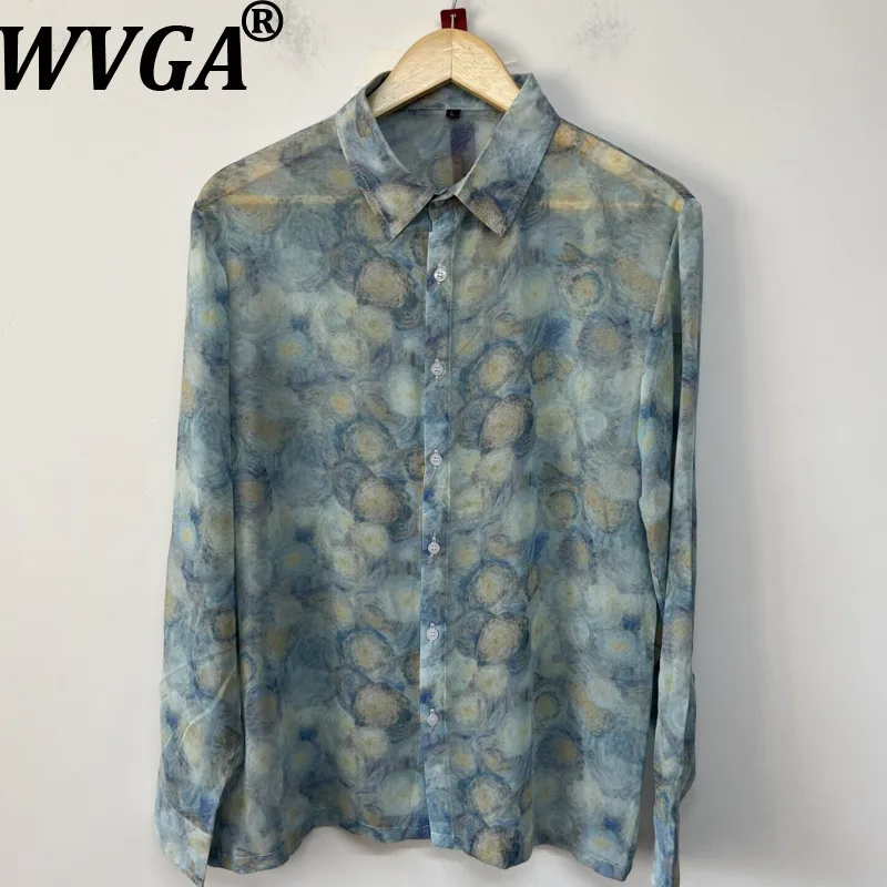 WVGA Spring Autumn New Men Starry Night Print Draped Trendy Long Sleeved Shirt Niche Chic Casual Turn-Down Collar Top Ins W26788