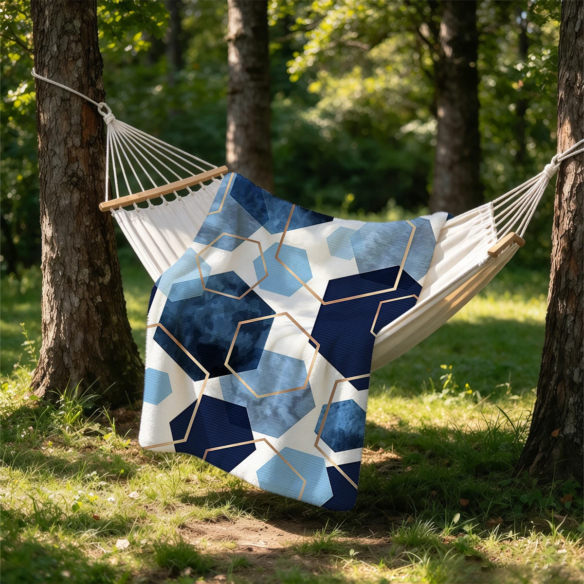 White Blue Hexagons Flannel Blanket Warm Soft Halloween Christmas Couch Warm Cozy Decorative Decor Gift for All Season