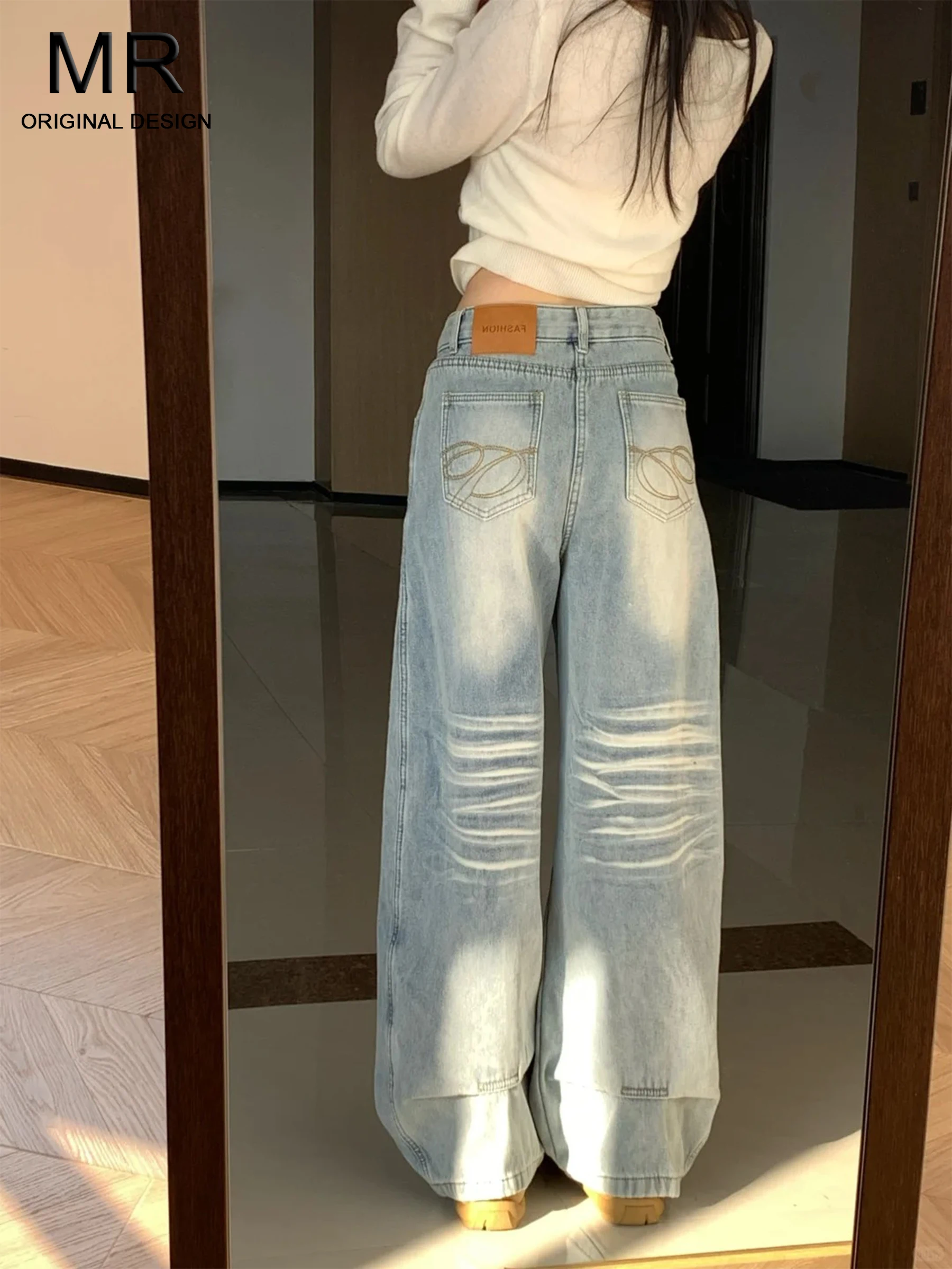 

High Waist Loose Fit Slimming Wide Leg Floor Length Fleece Lined American Style Blue Jeans Women's Casual Trousers