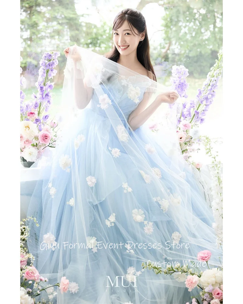 

Giyu Fairy Tulle Light Blue Evening Dresses Korea Wedding Photoshoot Strapless Floor length Corset Back Prom Dress